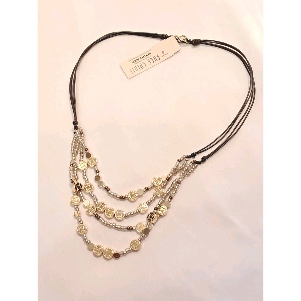 Peyote Bird Multi-Strand Gold Discs & Silver Beads Brown Cord Necklace 18" NWT